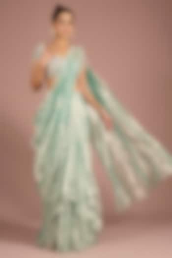 Ice Gold Gold Tissue Embroidered Reception Saree Set by Ridhi Mehra at Pernia's Pop Up Shop