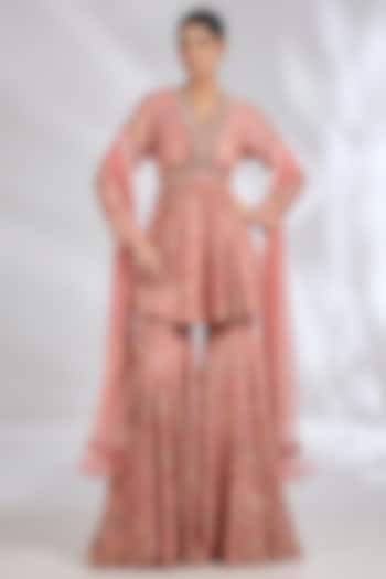 Coral Silk Printed Gharara Set by Ridhi Mehra at Pernia's Pop Up Shop