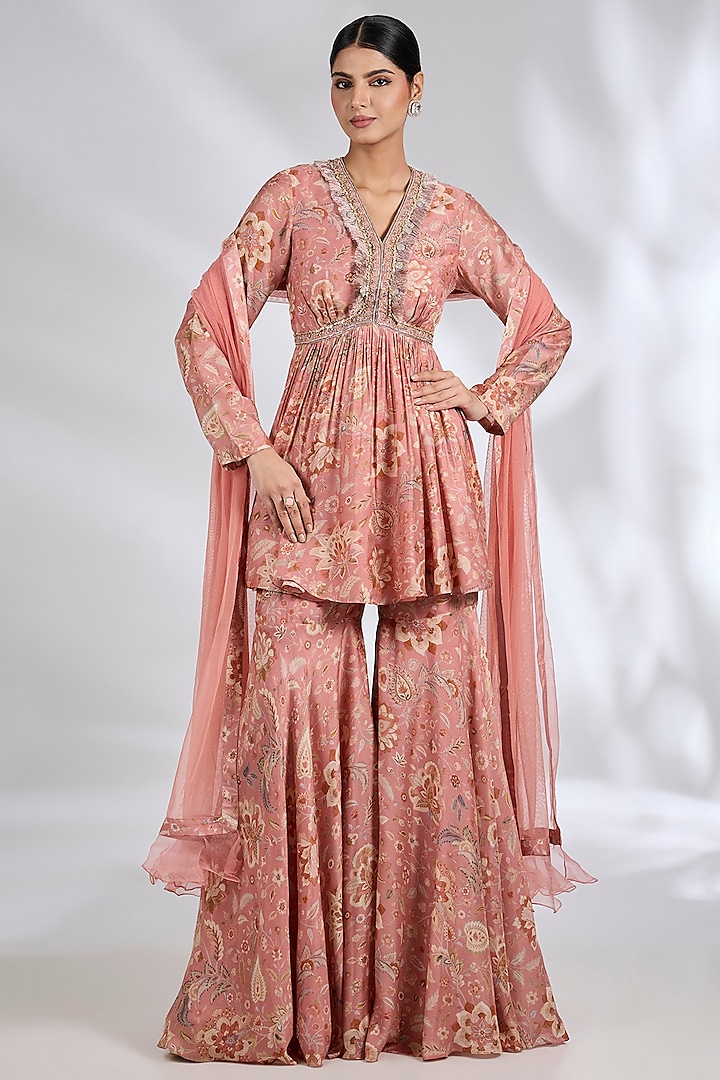 Coral Silk Printed Gharara Set by Ridhi Mehra at Pernia's Pop Up Shop