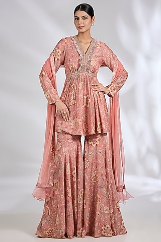 Coral Silk Printed Gharara Set by Ridhi Mehra