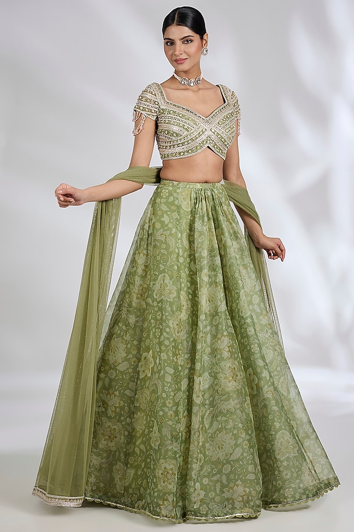 Mint Organza Printed  dulhan bday 22 may Lehenga Set by Ridhi Mehra at Pernia's Pop Up Shop