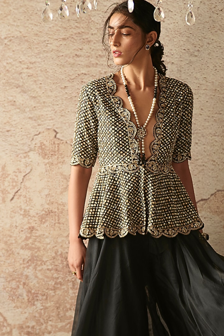 Black Embroidered & Printed Bridal Sharara Set by Ridhi Mehra at Pernia's Pop Up Shop