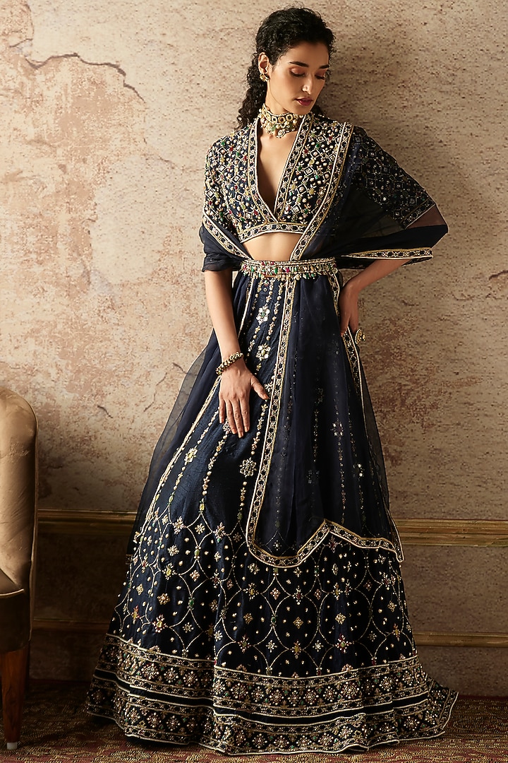 Navy Blue Embroidered Bridal Lehenga Set by Ridhi Mehra at Pernia's Pop Up Shop