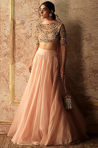 Peach & Champagne Embroidered Skirt Set by Ridhi Mehra