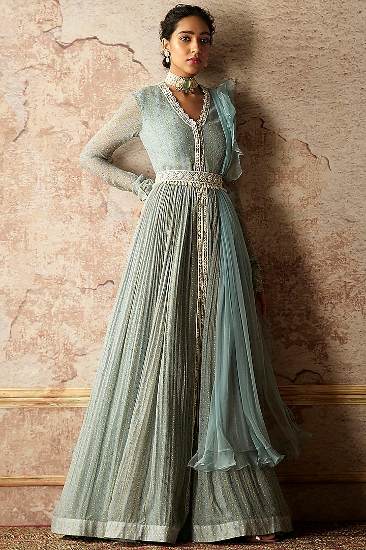 Powder Blue Embroidered & Printed Anarkali Set by Ridhi Mehra