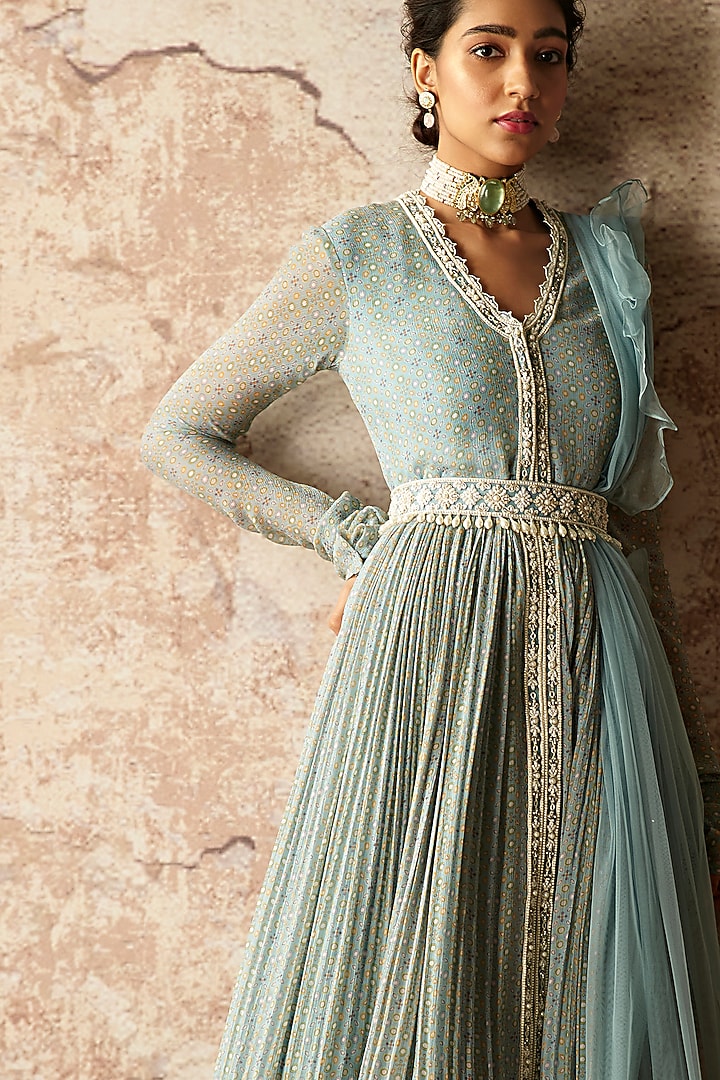 Powder Blue Embroidered & Printed Wedding Anarkali Set by Ridhi Mehra at Pernia's Pop Up Shop