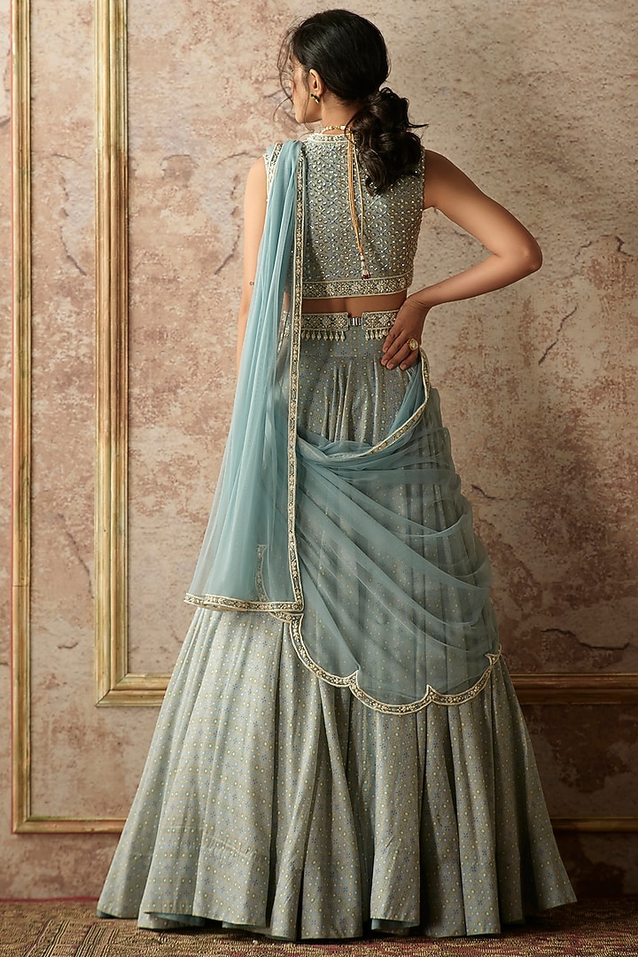 Powder Blue Chanderi Folk Printed & Embroidered Wedding Lehenga Set by Ridhi Mehra at Pernia's Pop Up Shop