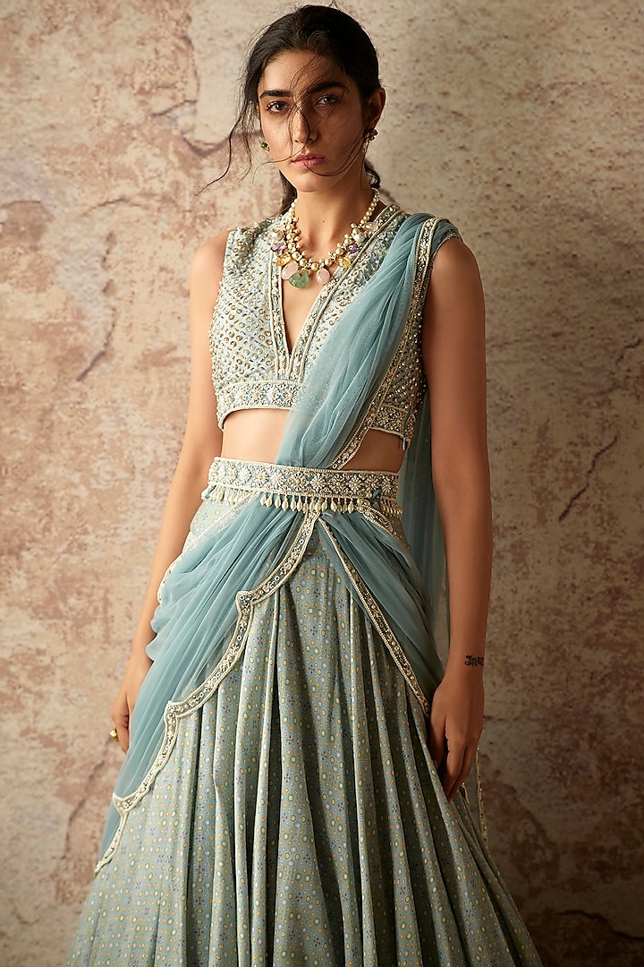 Powder Blue Chanderi Folk Printed & Embroidered Wedding Lehenga Set by Ridhi Mehra at Pernia's Pop Up Shop
