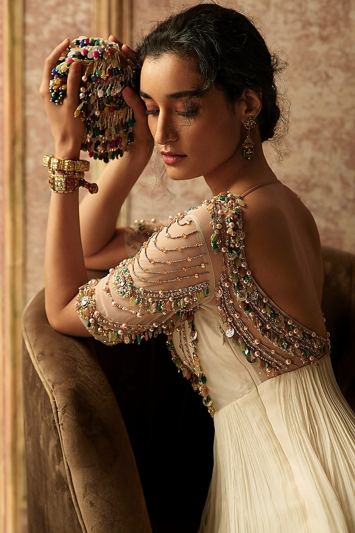 Ivory Jewelled Bridal Anarkali Set by Ridhi Mehra at Pernia's Pop Up Shop
