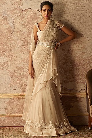 Dirty Ivory Embroidered Draped Saree Set by Ridhi Mehra