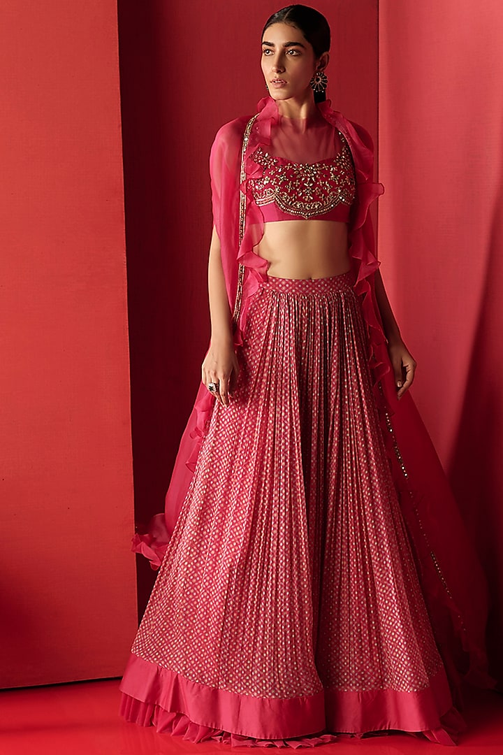 Fuchsia Embroidered & Printed Skirt Set by Ridhi Mehra at Pernia's Pop Up Shop