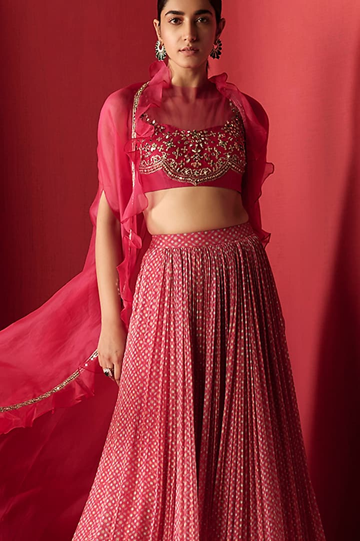 Fuchsia Embroidered & Printed Skirt Set by Ridhi Mehra at Pernia's Pop Up Shop
