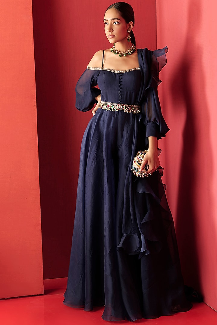 Navy Blue Jewelled Jumpsuit by Ridhi Mehra