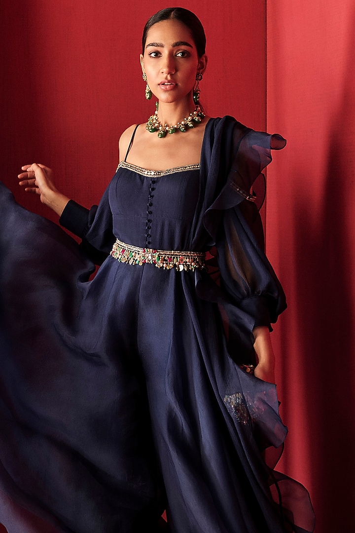 Navy Blue Jewelled Jumpsuit by Ridhi Mehra at Pernia's Pop Up Shop
