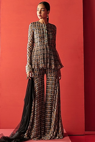 Black Embroidered & Printed Sharara Set by Ridhi Mehra