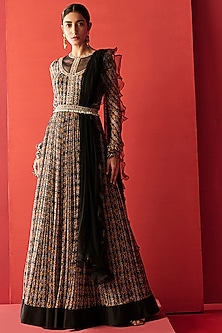 Black Embroidered & Printed Anarkali Set by Ridhi Mehra-PRINT ON PRINT