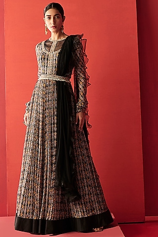 Black Embroidered & Printed Anarkali Set by Ridhi Mehra