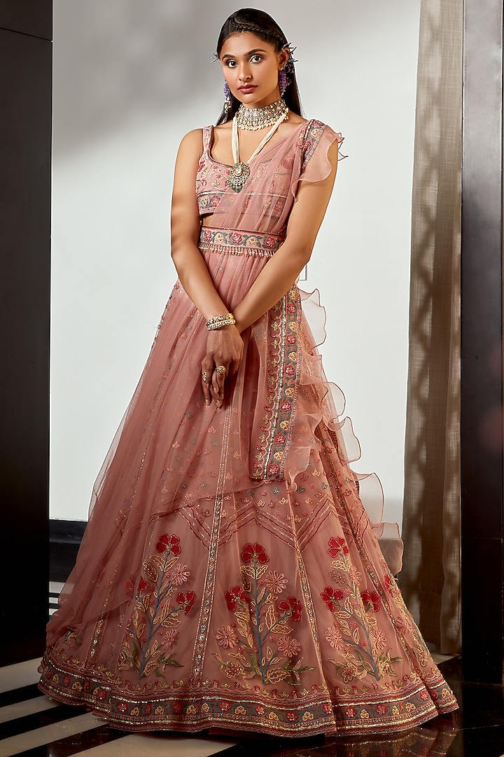 Deep Onion Pink Embroidered Lehenga Set by Ridhi Mehra