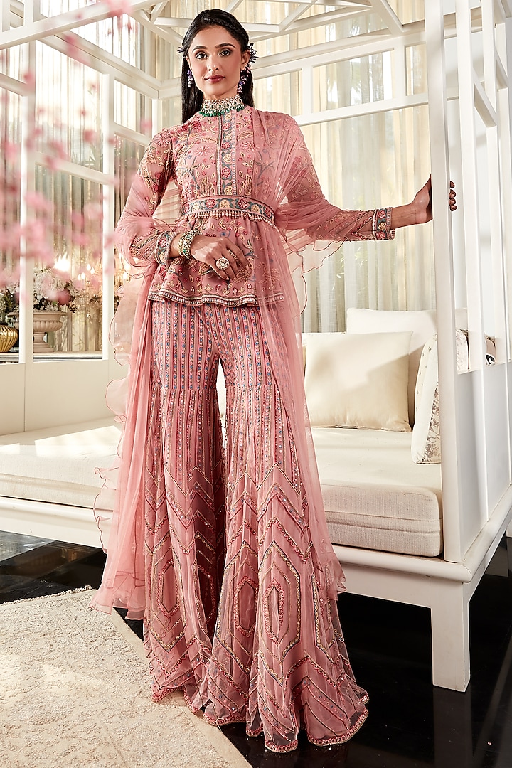 Deep Onion Pink Embroidered Gharara Set by Ridhi Mehra
