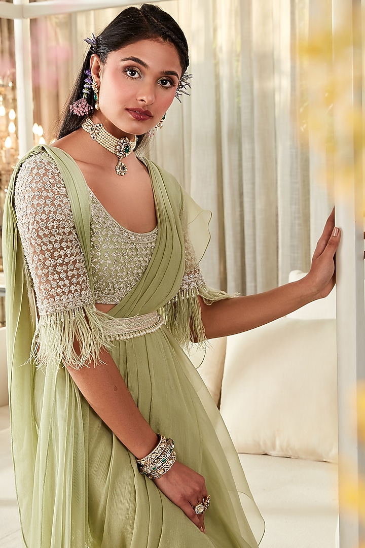 Mint Embroidered Draped Reception Saree Set by Ridhi Mehra at Pernia's Pop Up Shop