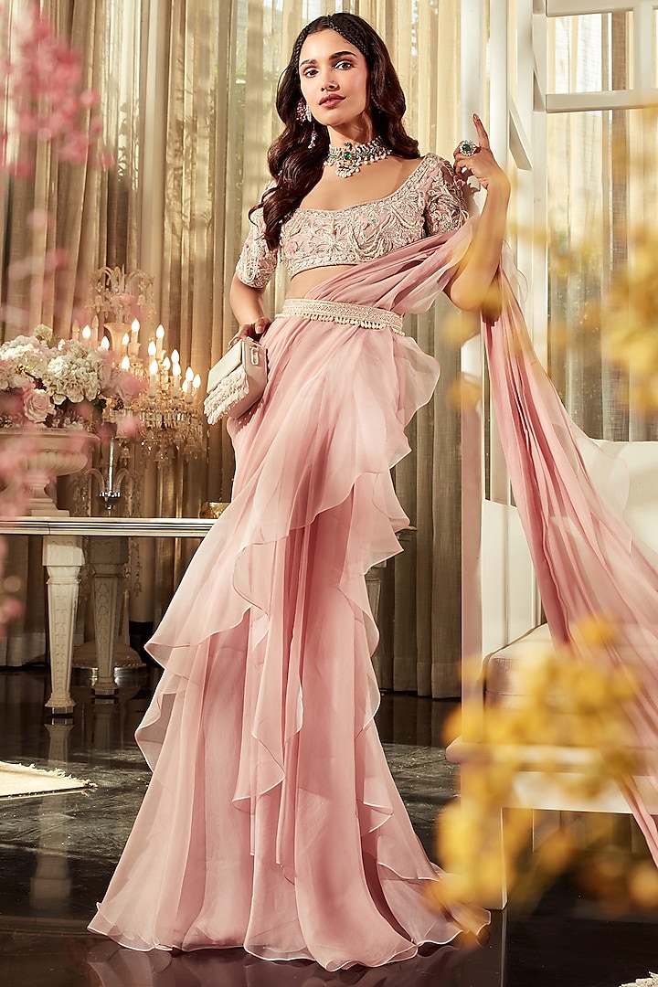 Light Onion Pink Embroidered Draped Saree Set by Ridhi Mehra
