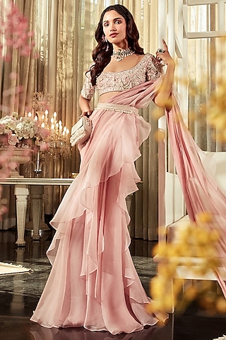 Light Onion Pink Embroidered Draped Saree Set by Ridhi Mehra