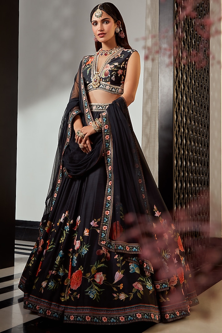 Black Printed & Embroidered Skirt Set by Ridhi Mehra