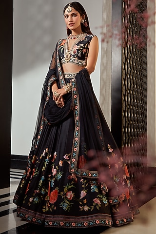 Black Printed & Embroidered Skirt Set by Ridhi Mehra