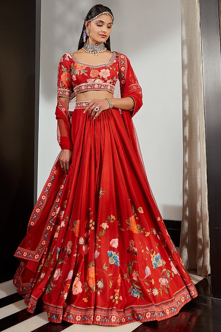 Fiery Red Printed & Embroidered Skirt Set by Ridhi Mehra