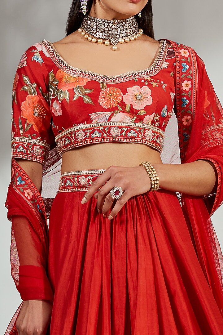 Fiery Red Printed & Embroidered Skirt Set by Ridhi Mehra at Pernia's Pop Up Shop