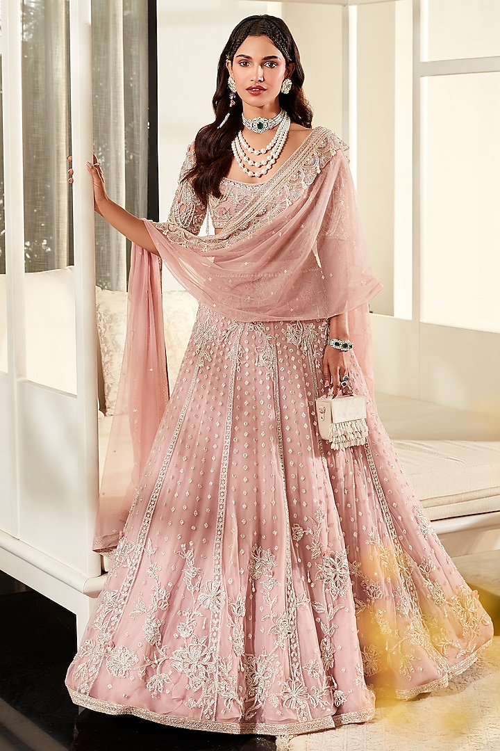 Light Onion Pink Embroidered Lehenga Set by Ridhi Mehra