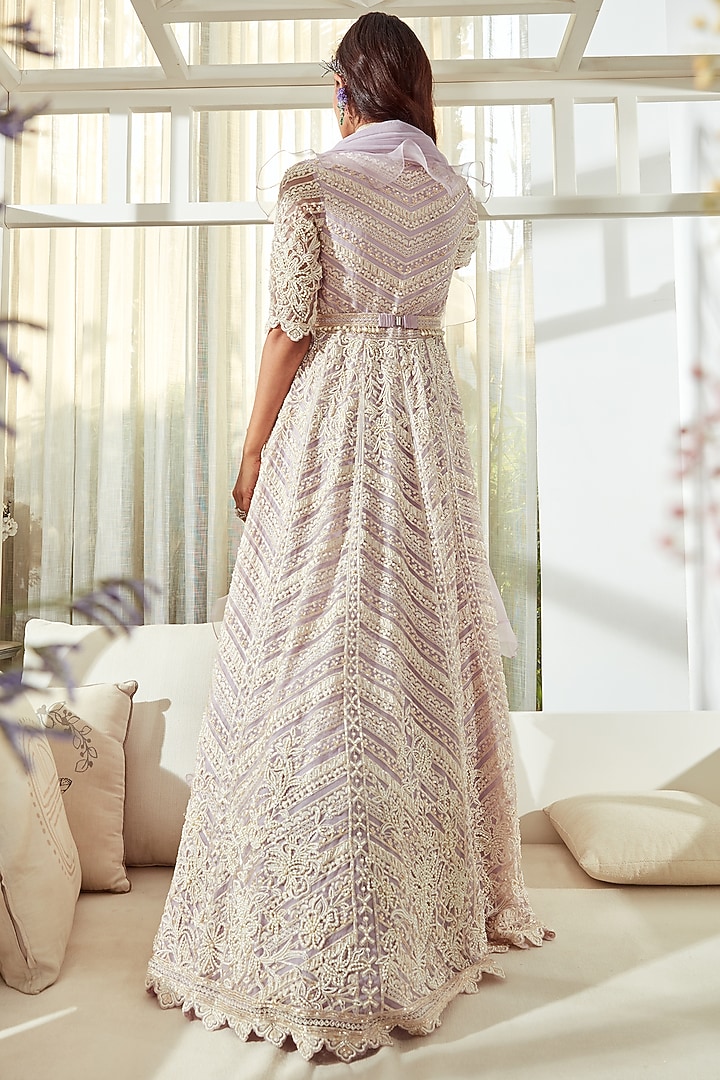 Lilac Organza Bridal Anarkali Set by Ridhi Mehra at Pernia's Pop Up Shop