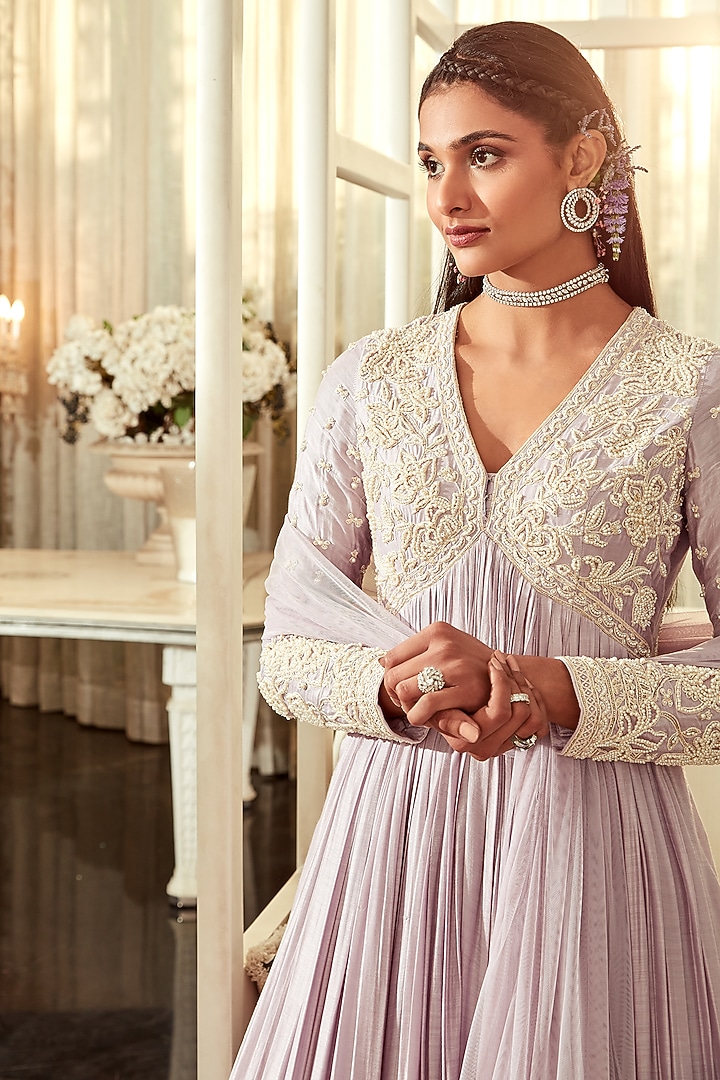 Lilac Organza Bridal Anarkali Set by Ridhi Mehra at Pernia's Pop Up Shop