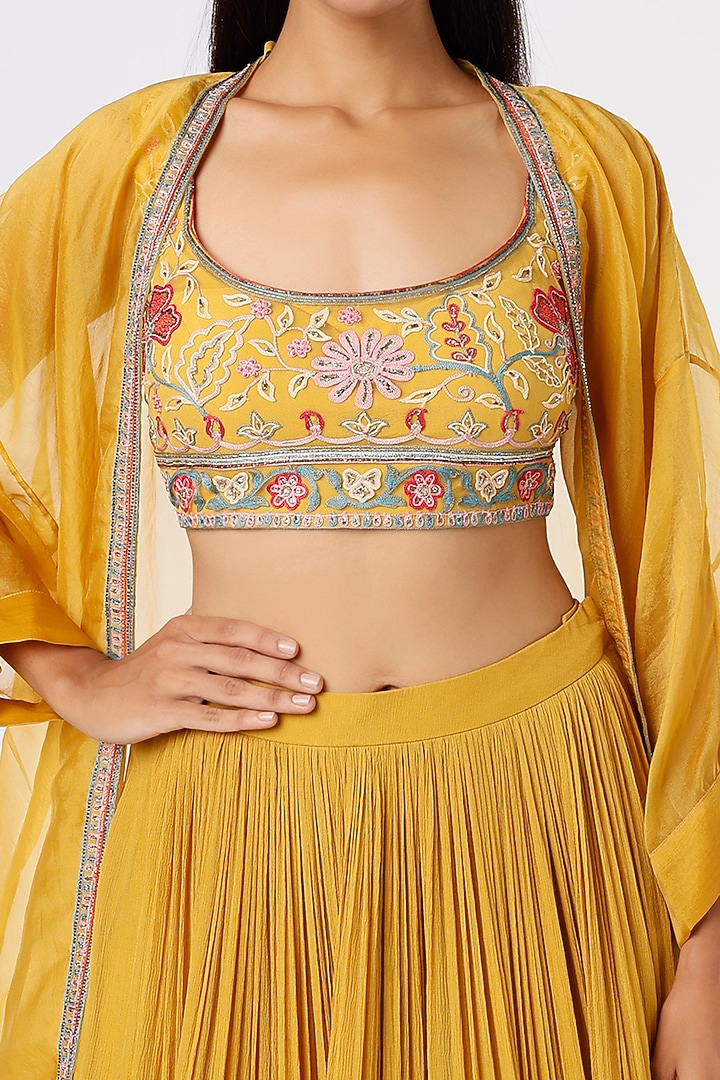 Yellow Chiffon Jacket Wedding Lehenga Set by Ridhi Mehra at Pernia's Pop Up Shop