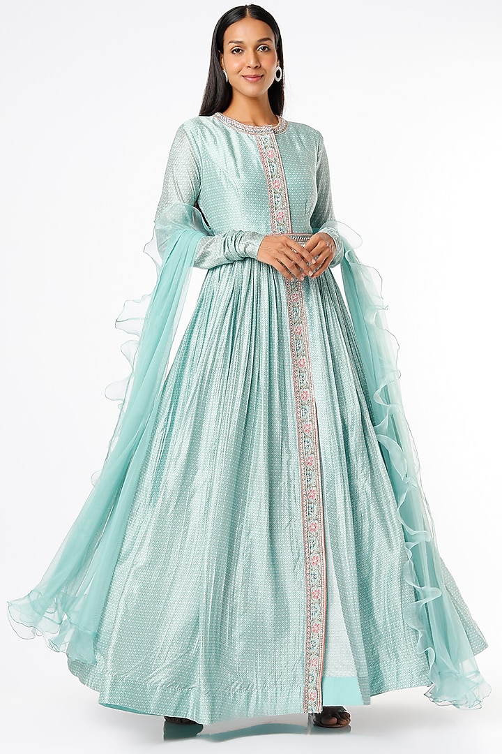 Powder Blue Embroidered Wedding Anarkali Set by Ridhi Mehra at Pernia's Pop Up Shop