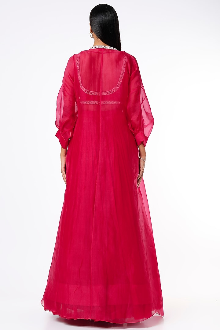 Bright Red Chiffon & Organza Jacket Wedding Lehenga Set by Ridhi Mehra at Pernia's Pop Up Shop