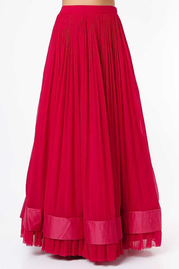 Bright Red Chiffon & Organza Jacket Wedding Lehenga Set by Ridhi Mehra at Pernia's Pop Up Shop