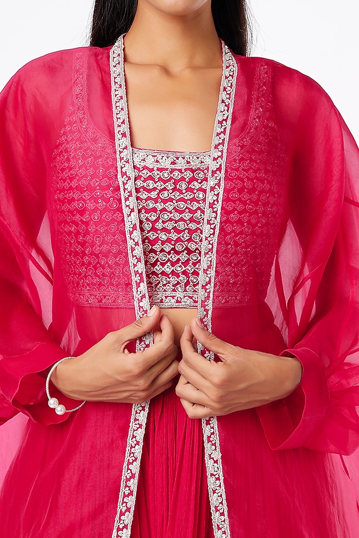 Bright Red Chiffon & Organza Jacket Wedding Lehenga Set by Ridhi Mehra at Pernia's Pop Up Shop