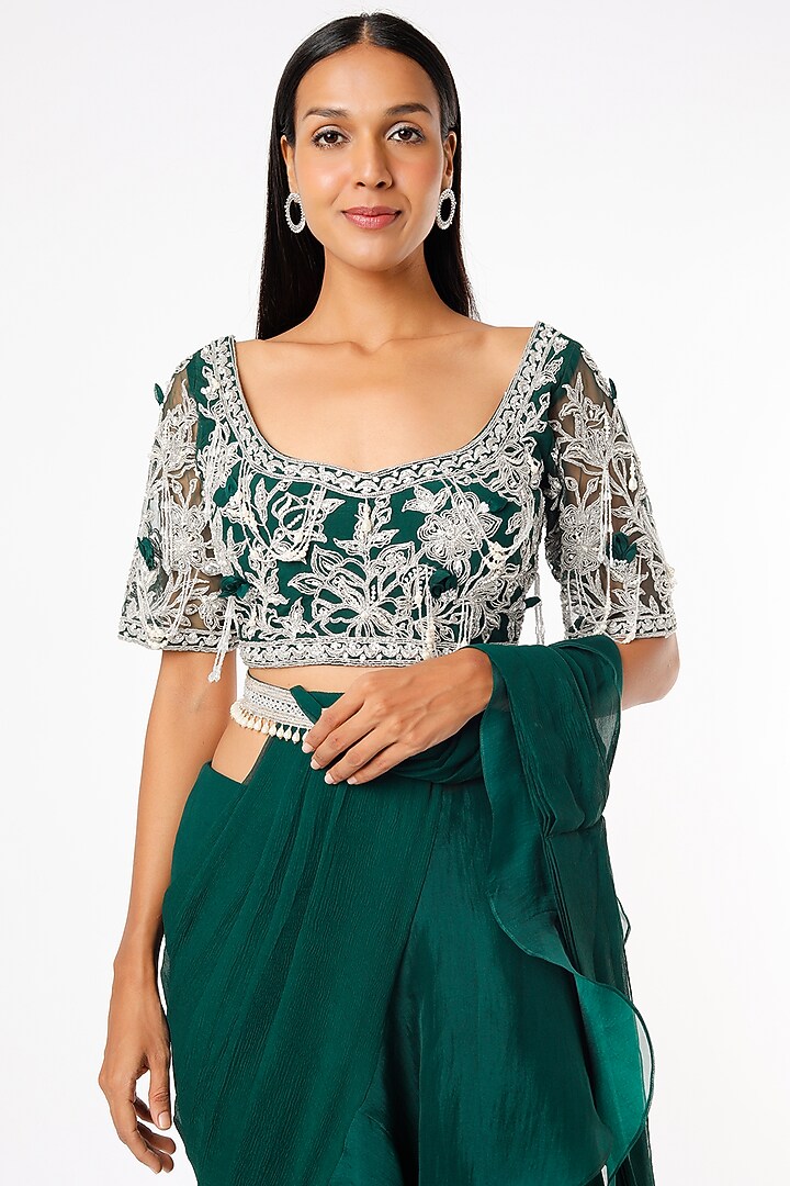 Emerald Green Embroidered Draped Reception Saree Set by Ridhi Mehra at Pernia's Pop Up Shop