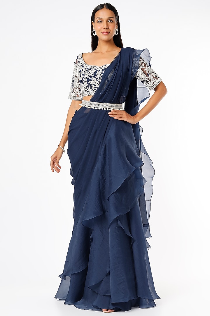 Navy Blue Embroidered Draped Reception Saree Set by Ridhi Mehra at Pernia's Pop Up Shop