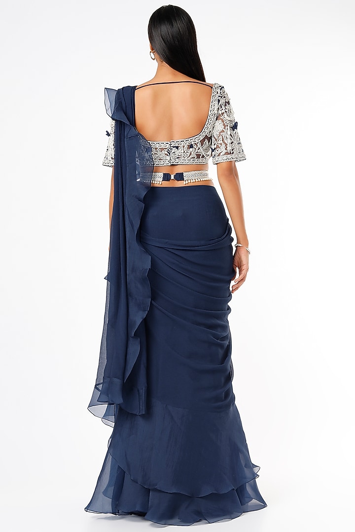 Navy Blue Embroidered Draped Reception Saree Set by Ridhi Mehra at Pernia's Pop Up Shop