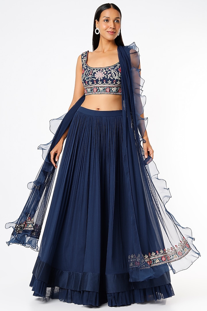 Navy Blue Chiffon Ruched Wedding Lehenga Set by Ridhi Mehra at Pernia's Pop Up Shop