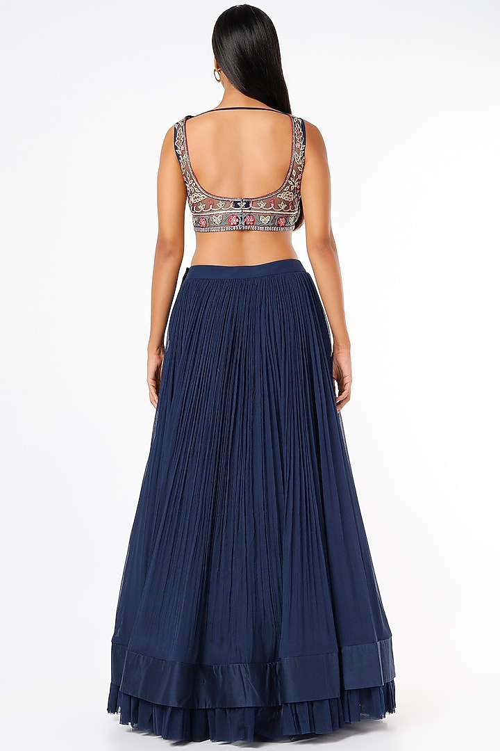 Navy Blue Chiffon Ruched Wedding Lehenga Set by Ridhi Mehra at Pernia's Pop Up Shop