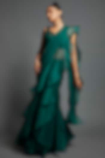 Emerald Green Organza Draped Saree Set by Ridhi Mehra