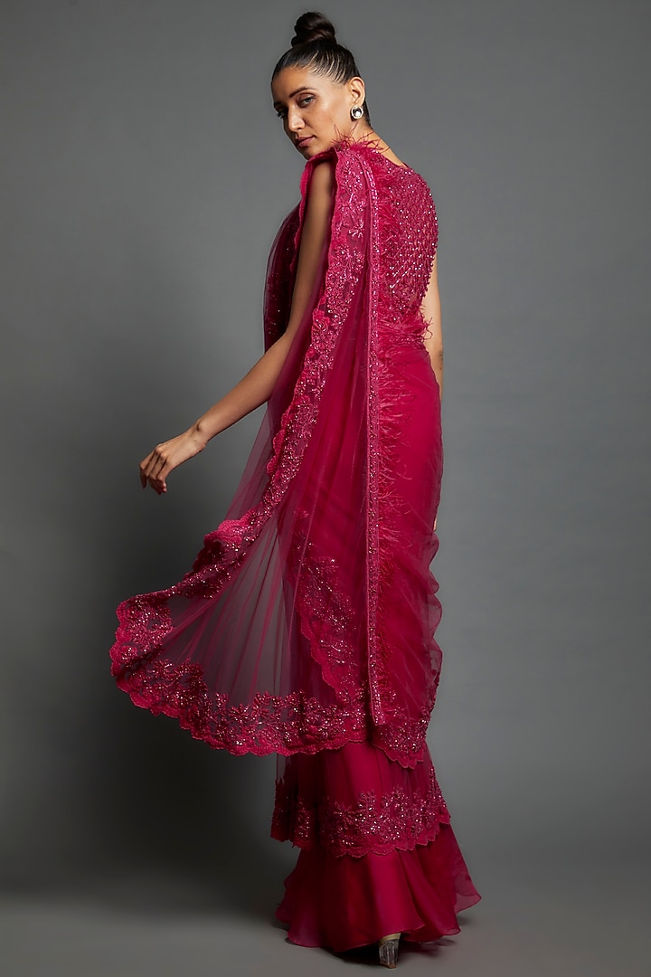 Fuchsia Pink Net Draped Bridal Saree Set by Ridhi Mehra at Pernia's Pop Up Shop