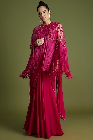 Fuchsia Georgette Embroidered Jacket Saree Set by Ridhi Mehra