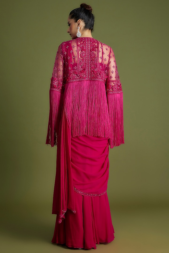 Fuchsia Georgette Embroidered Jacket Reception Saree Set by Ridhi Mehra at Pernia's Pop Up Shop