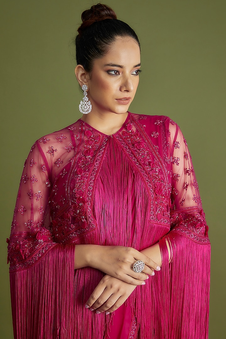 Fuchsia Georgette Embroidered Jacket Reception Saree Set by Ridhi Mehra at Pernia's Pop Up Shop