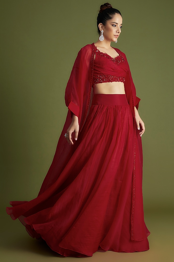 Red Organza Embroidered Jacket Lehenga Set by Ridhi Mehra