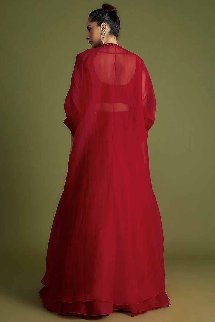 Red Organza Embroidered Jacket Wedding Lehenga Set by Ridhi Mehra at Pernia's Pop Up Shop